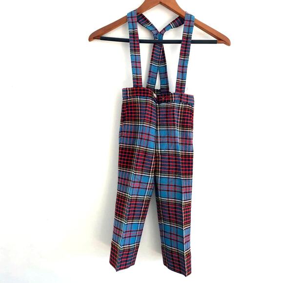 VTG Scottish Wool Made in England Plaid Kids Trousers Overalls Bibs 4-5 HOLLIDAY